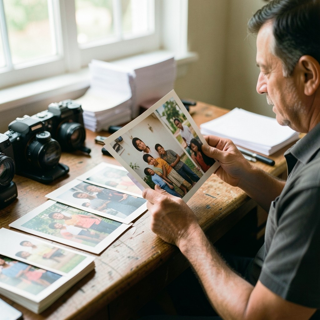 Photographer reviewing printed portraits with consent forms nearby