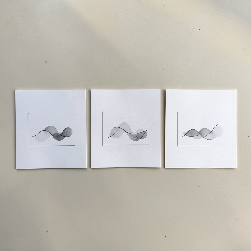 Three printed chart cards arranged on a light desk