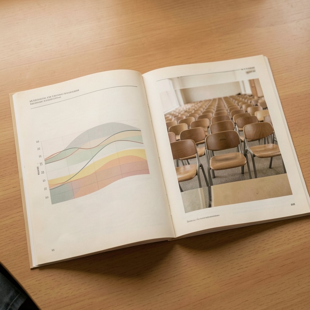 Open annual report showing a classroom attendance chart beside a short narrative column