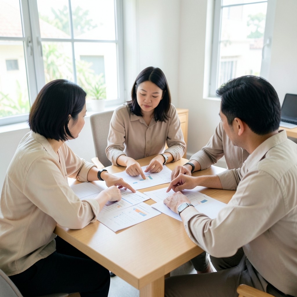People seated around a table reviewing printed charts during a working session