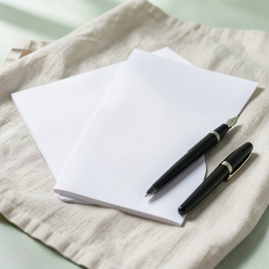 Folded donor brief booklet beside a fountain pen on linen